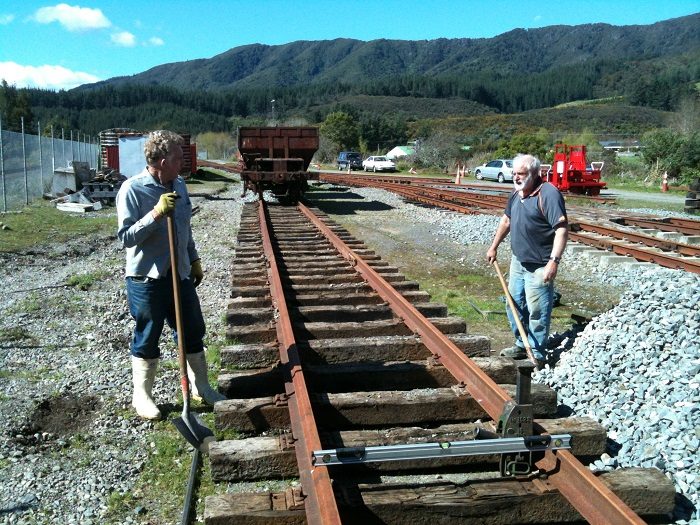 Bruce and Steve packing ballast on the turntable road. Photo: Hugh McCracken